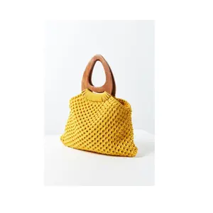 Sustainable Quality Macrame Hand Bags With Wooden Handle Top Trendy Design For Women Designer Hand Purse at Low Price