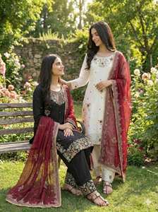 Ensemble Salwar Kameez prêt-à-porter entièrement cousu avec broderie lourde, travail de séquence, haut, palazzo et dupatta - Product Image 3