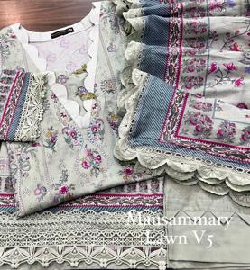 3Pc Stitch Lawn Digital Printed Lawn Shirt Dupatta With Four Side laçage & Stitch Fancy Style Trouser | Ssumaira Collection - Product Image 2