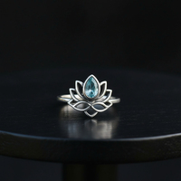 Bague artisanale en laiton plaqué argent avec pierre précieuse en forme de fleur de lotus et aigue-marine, style japonais, fabriquée en Inde pour femmes et enfants