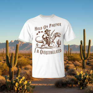 Camiseta Vintage con Diseño de Gato Vaquero 'Hold on Partner I'm Overstimulated' - Camiseta Promocional de Estilo Vintage con Gato - Product Image 3