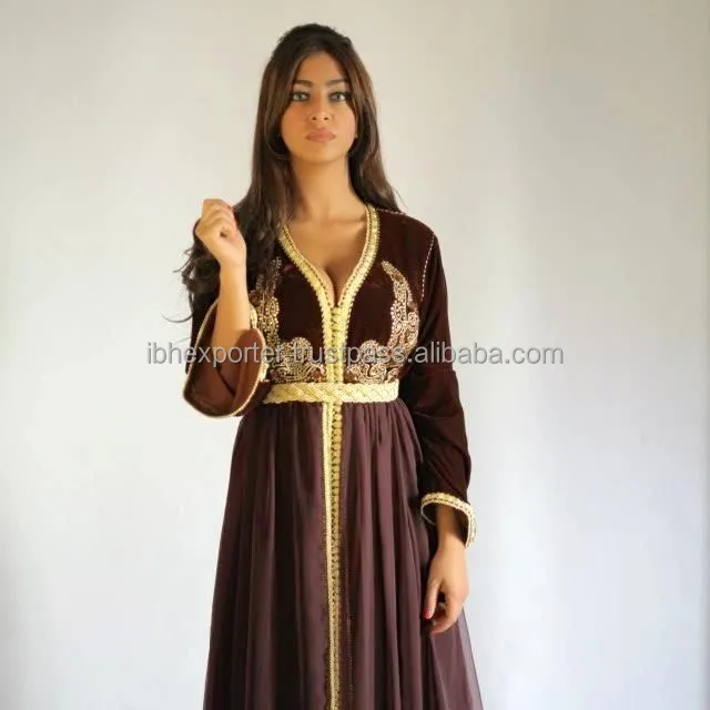 Brown Colour Silk Fabric Kaftan With Beautiful Golden Embroidery On Top With Lace Work On Side