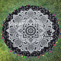 Serviette de plage murale ronde personnalisable en coton imprimé floral mandala, lavable en machine, toutes saisons, vente en gros