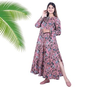 Nouveauté Robe longue d'été en coton imprimé floral faite à la main Robe longue manches longues col rond taille naturelle dentelle et bouton décontracté - Product Image 1