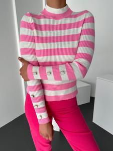 Women's Casual <b>Black</b> Stripe <b>Turtleneck</b> Sweater Long Sleeve Pullover Button-Detailed Top Autumn Winter Color Blocked Knitwear - Product Image 3