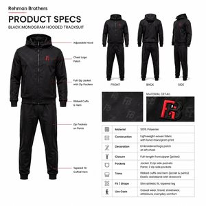 Men's Black Hooded Tracksuit Set Full Zipper Letter Print Casual Sportswear with Side Pockets and Logo Front Windbreaker Set - Product Image 5
