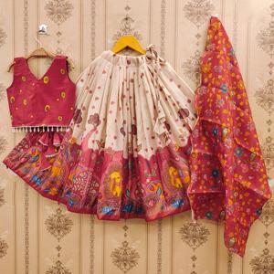 Shoryam Fashion Girls Kids Ethnic <b>Lehenga</b> Choli Set | <b>White</b> Maroon Kalamkari Printed Polyester Wrinkle Free Quick Dry - Product Image 1