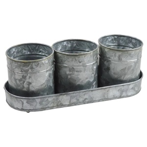 Lot de 3 seaux et jardinières en métal galvanisé avec plateau ovale Pots de fleurs et jardinières décoratifs pour le jardin et les herbes aromatiques. - Product Image 4
