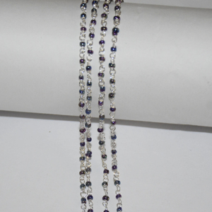 Chaîne de chapelet de perles de verre pyrite paon plaqué argent 2mm. Chaîne perlée en fil métallique pour la fabrication de bracelets de bijoux - Product Image 1