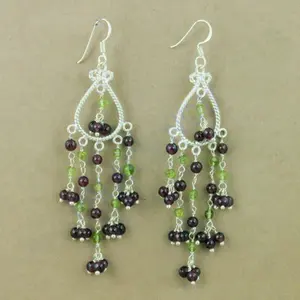 Women's 925 Silver Chandelier <b>Earrings</b> with <b>Garnet</b> & Peridot Fashion Jewelry - Product Image 1