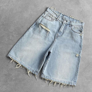 Shorts amples en jean 100 % coton pour hommes, personnalisables, avec fermeture éclair, coupe décontractée, respirants, délavage clair, pour l'été – Vente en gros - Product Image 1