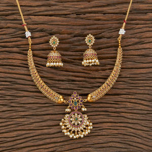 ชุดสร้อยคอโมติโบราณจากอินเดียใต้ ชุบทองด้าน 217304 เครื่องประดับทำมือในอินเดีย - Product Image 1