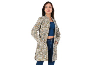 Veste matelassée en coton avec imprimé bloc à la main Veste longue pour femme Manteau décontracté Veste en coton imprimée à la main avec 2 poches avant - Product Image 4