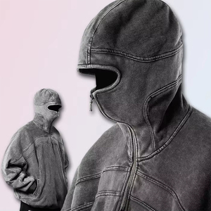 2025 Acid Wash Drop Shoulder Hoodie Impresión personalizada Heavyweight Ninja Balaclava Hoodies Hombres Streetwear Media cremallera Sudadera con capucha de moda - Product Image 2