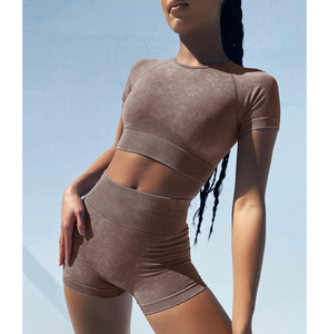 Women's Seamless Ribbed 2 Piece Workout Set <b>Short</b> <b>Sleeve</b> Crop <b>Top</b> High Waist Yoga <b>Shorts</b> Cotton Material for Everyday Gym - Product Image 6