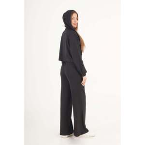Ensemble trois pièces LUSTRIN pour femme en mélange modal noir : cardigan, crop top et pantalon – Confortable et élégant pour la vente en gros - Product Image 3