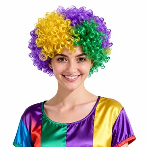 Perruques Afro Mardi Gras pour femmes et filles, longues, ondulées, résistantes à la chaleur, avec bonnet en maille élastique, synthétiques, pour cosplay et fêtes, couleurs violet, jaune, vert - Product Image 1