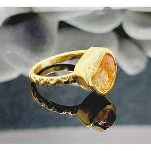 Vintage Brass <b>Ring</b> <b>Gold</b> Plated with Rough Natural Gemstone Bezel Setting Wing-shaped Inlay Copper Material Unisex Gift - Product Image 3