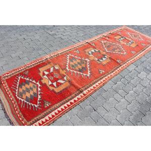 Turkish Rug, 3.4x11 ft <b>Runner</b> Rug, <b>Red</b> Ombr Wool Vintage Rug - Product Image 3