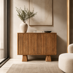 Modern Solid Mango Wood <b>Sideboard</b> Cabinet | Fluted Shutter Doors Living Room Buffet | Storage Console Entryway Furniture 1-Shelf - Product Image 2