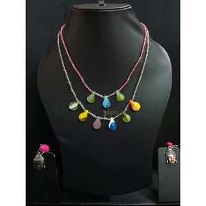 Ensemble de bijoux de mode en pierre multicolore double couche comprenant un collier et des boucles d'oreilles - Product Image 2