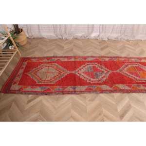 Turkish Rug, 2.8x9.8 ft <b>Runner</b> Rug, <b>Red</b> Striped Wool Vintage Rug - Product Image 4