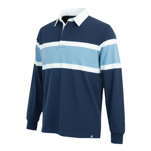 Polo en tricot à manches longues bleu marine pour homme avec motif rayé bleu clair et blanc, coupe décontractée et sportive - Product Image 1