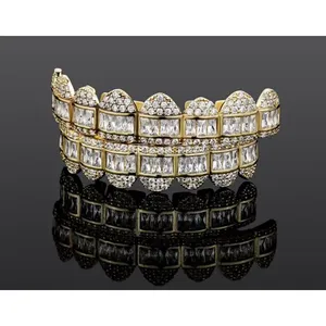 Fine Silver Grillz with Secure Box Clasp Anti-Tarnish Coating Emerald & Round Cut VVS <b>Diamond</b> <b>Simulants</b> - Product Image 1