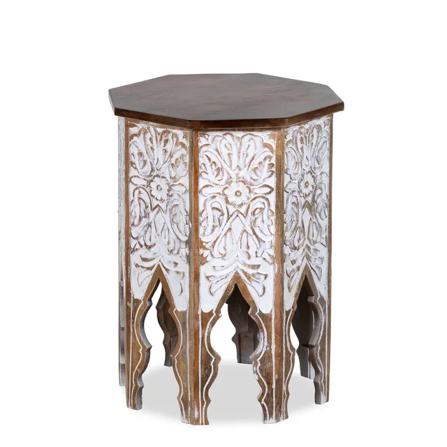 हाथ से नक्काशीदार मोरक्कन साइड एंड कॉफी टेबल एक्सेंट स्टूल आम की लकड़ी छोटा गोल हस्तनिर्मित थोक उत्पाद