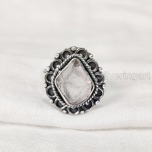 Joyería de piedra en bruto, anillo para mujer, piedra preciosa de cuarzo rosa crudo Natural, piedra natal de abril, anillo bohemio, joyería, anillo de Plata de Ley 925 - Product Image 1