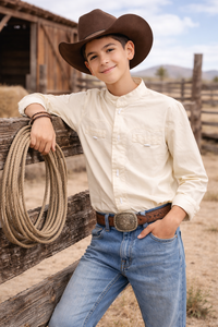 Nouvelle chemise de cowboy blanche pour adolescents, manches longues, en polyester/coton uni, style western décontracté, respirante, en popeline, pour le printemps - Product Image 3