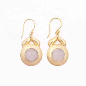 Designer Round Shape Matte Finished Long Hook <b>Earrings</b> with <b>Emerald</b> Gemstone Gold Plated Handmade Fashion <b>Drop</b> Jewelry - Product Image 5