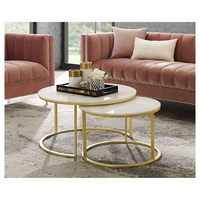 Table centrale gigogne ronde contemporaine en deux pièces, ensembles de tables basses à thé en bois avec côtés en métal doré, disponibles à des prix compétitifs