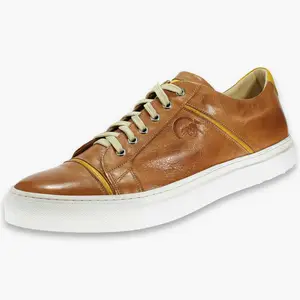 Plus Size Men's Casual Lace-up Sneaker In Cognac Leather With Ocher Inserts Removable Self-shaping Insole Made In Italy