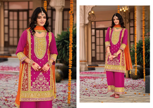 Conjunto de Chinon nupcial Salwar Kameez de algodón hecho a mano de alta calidad con bordado Plazzo y Dupatta para bodas ocasiones especiales - Product Image 3