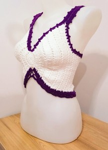 Crochet Crop, Bikini, Top Crop, Beach Wearing, Dark Purple y White, Festival Crop, Boho Crop, Daily Crop - Product Image 2