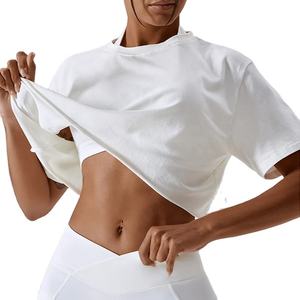 Personnalisable coton recadrée haut de gymnastique femmes XS taille blanc débardeur goutte épaule plaine surdimensionné t-shirt brodé Design de mode - Product Image 4