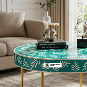 Modern Indian Bone <b>and</b> Resin Inlay Round <b>Coffee</b> <b>Table</b> with Floral Pattern <b>and</b> Gold <b>Metal</b> Base - Product Image 3