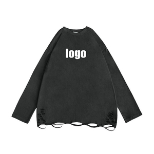 Nueva Camiseta de manga larga de doble capa Vintage ácido lavado personalizado 100% algodón estampado Camiseta holgada para hombres - Product Image 1