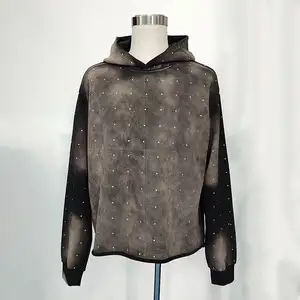 Asit yıkanmış Rhinestone 100% pamuklu kapüşonlar Unisex Rhinestone erkekler ve kadınlar için Hoodie süslenmiş 2023