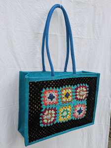 Sac à provisions en pur coton fait à la main avec doublure en jute et corde multicolore passepoilée ruban tissé fermeture à glissière ouverture cadeaux sac - Product Image 5