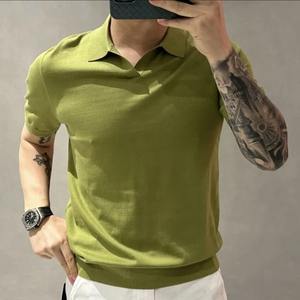 Alta calidad moda Simple inteligente Casual verano nuevo sólido fino Polo camisa hombres solapa Patchwork versátil Top manga corta de punto - Product Image 4