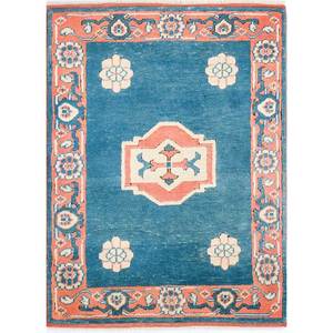 Tapis en laine noué à la main Nuray Blue Pae-1160 9x12, motif médaillon rectangulaire pour la décoration de la maison, du salon ou de l'couloir - Product Image 1
