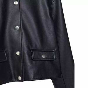Ladies Black Genuine Leather Cropped <b>Jacket</b> <b>Collarless</b> Fashion Casual <b>Jacket</b> - Product Image 3
