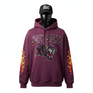 Sweat à capuche en molleton de coton premium 350 GSM, manches à panneaux flamme violettes, logo personnalisé de chat sauvage brodé, sweat à capuche basique - Product Image 1