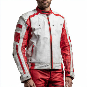 Biker <b>Jacket</b> Leather Men Stand Collar Zipper Biker <b>Jackets</b> Men's White Red Leather <b>Racer</b> <b>Jacket</b> Mens - Product Image 1