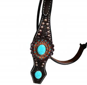 Collar de Pecho y Cabezada Western Tack con Conchos, Hecho a Mano en Cuero Genuino con Conchos Turquesa - Product Image 3