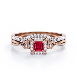 Bague de fiançailles classique en argent sterling 925 avec rubis créé en laboratoire, taille princesse, halo, faite à la main, bague de mariage en pierres précieuses - Product Image 2