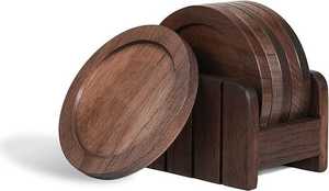 Sous-verres classiques en bois de hêtre et de noyer de 8,8 cm, durables, pour café, thé, boissons, avec une touche de pierre - Product Image 2