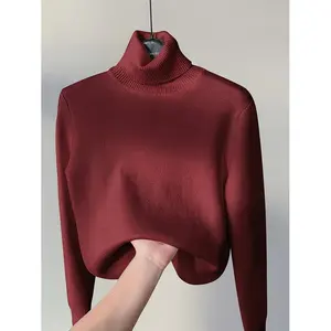 Pull-over décontracté à col roulé uni pour femme, haut thermique à manches longues pour l'automne et l'hiver avec logo frontal, épaisseur fine - Product Image 3